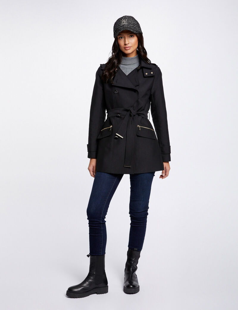 trench cintre ceinture a capuche noir femme Trench cintré ceinturé à capuche noir femme