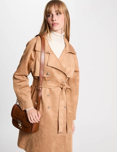 Trench long su&eacute;dine marron clair femme