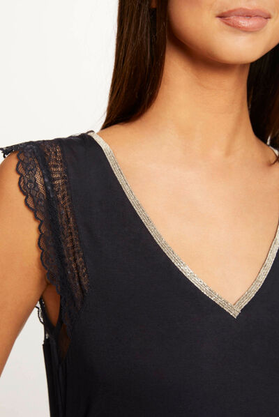 T-shirt manches courtes avec dentelle marine femme