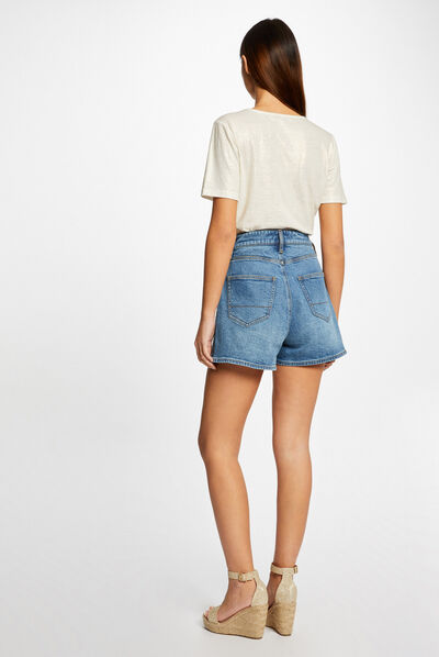 T-shirt manches courtes col en V ecru femme