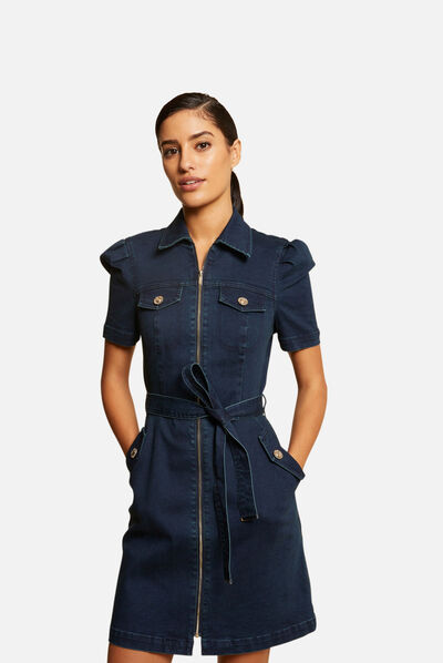 Robe droite zippée ceinturée en jean jean brut femme