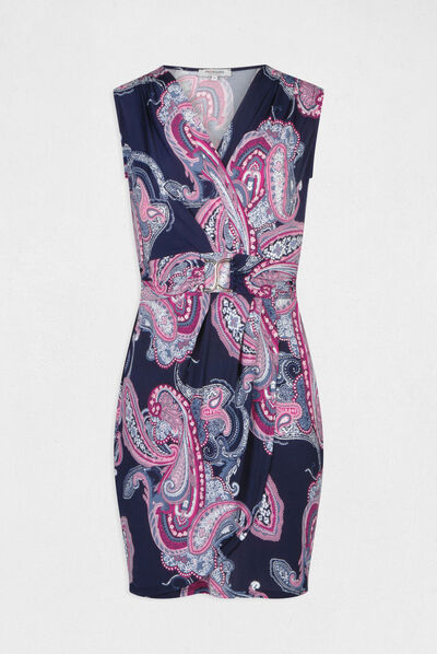 Robe ajustée drapée imprimé cachemire marine femme