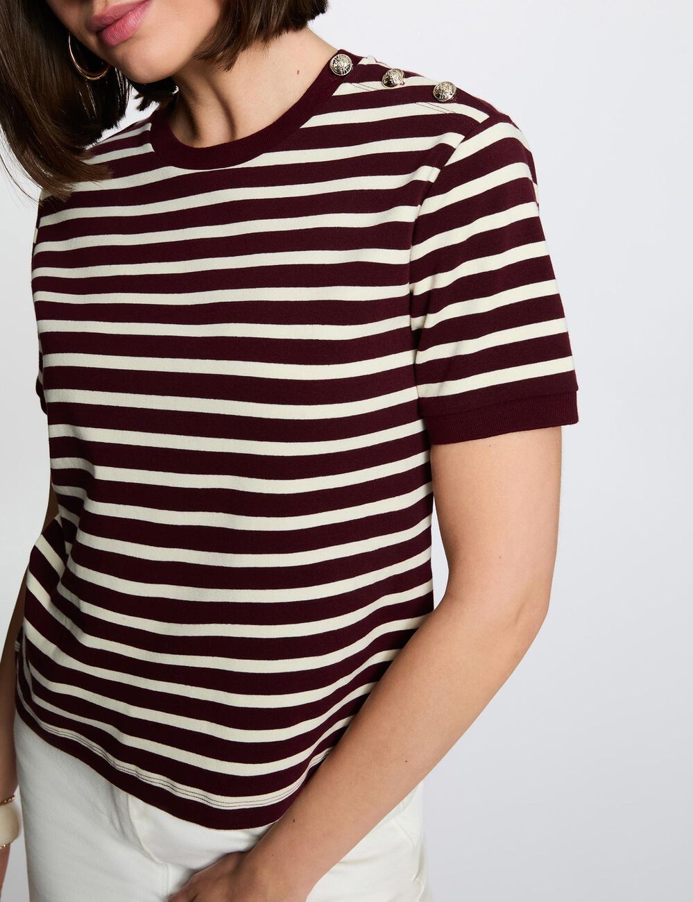 T-shirt ray&eacute; col rond prune femme