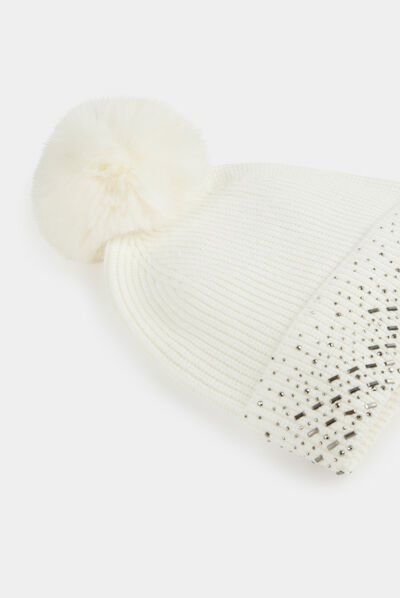 Bonnet avec strass et pompon beige femme