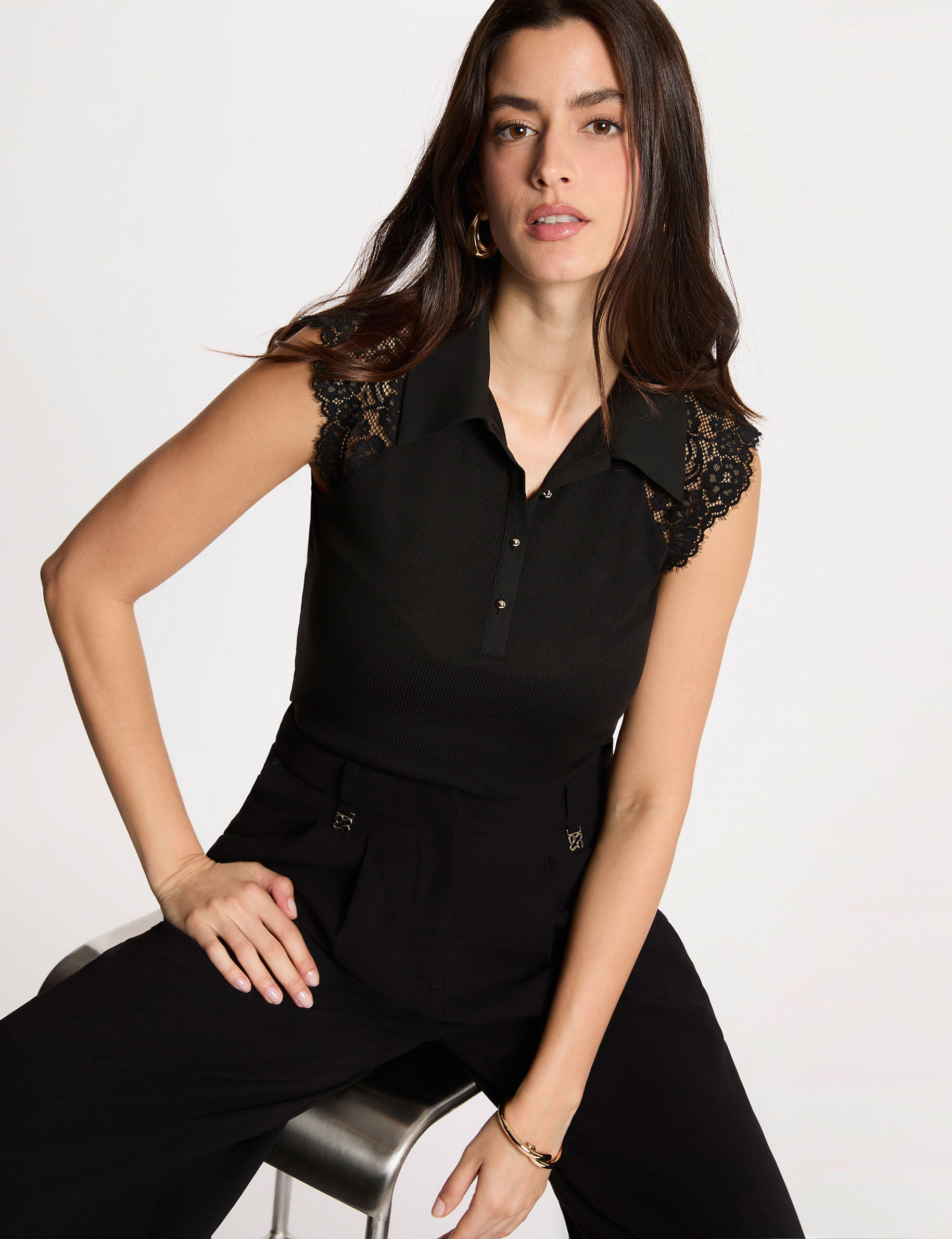 T shirt dentelle col revers femme