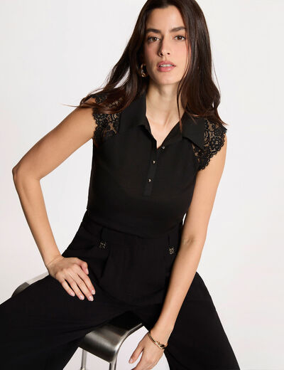 T-shirt dentelle col revers noir femme