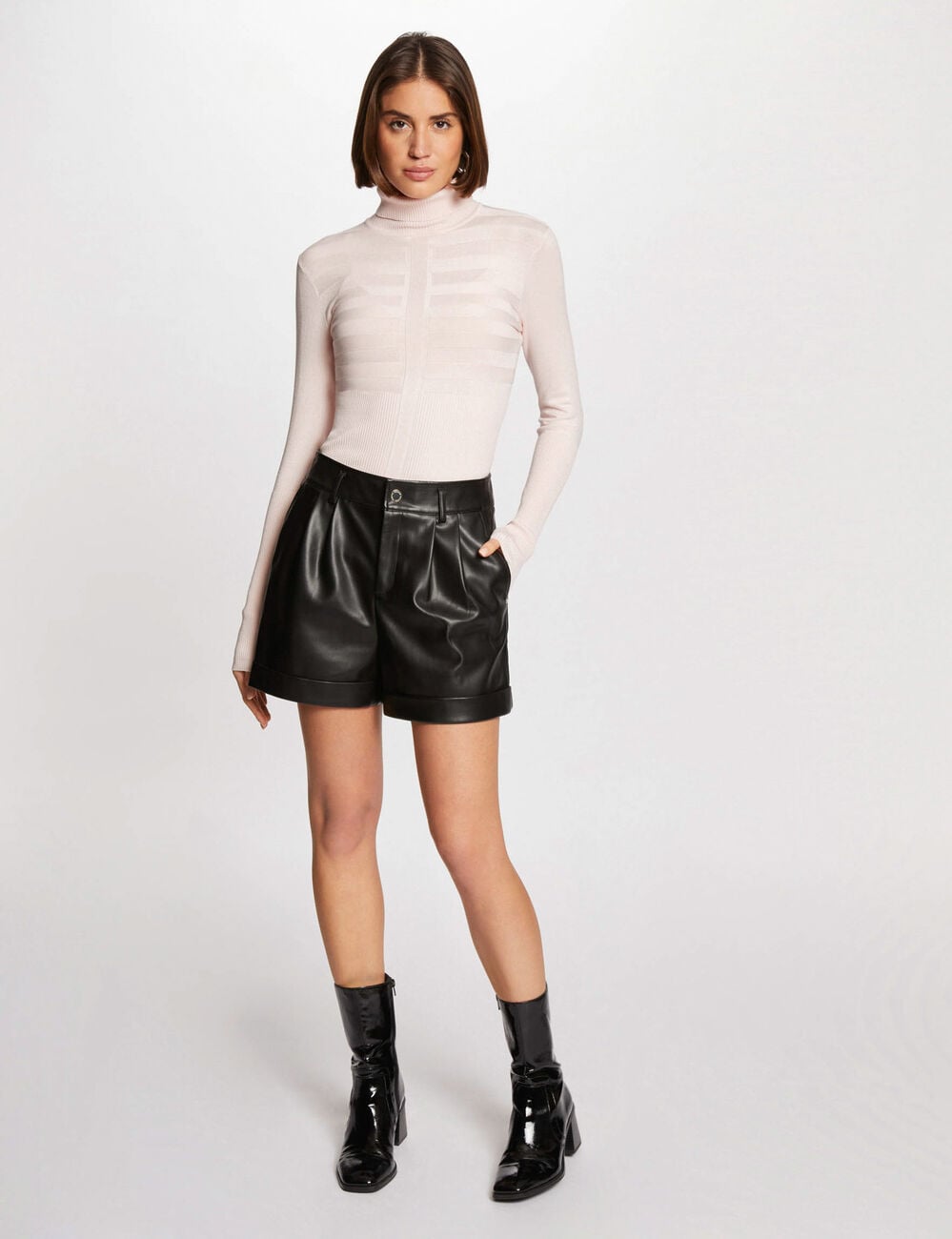 Pull col roul&eacute; cintr&eacute; rose femme