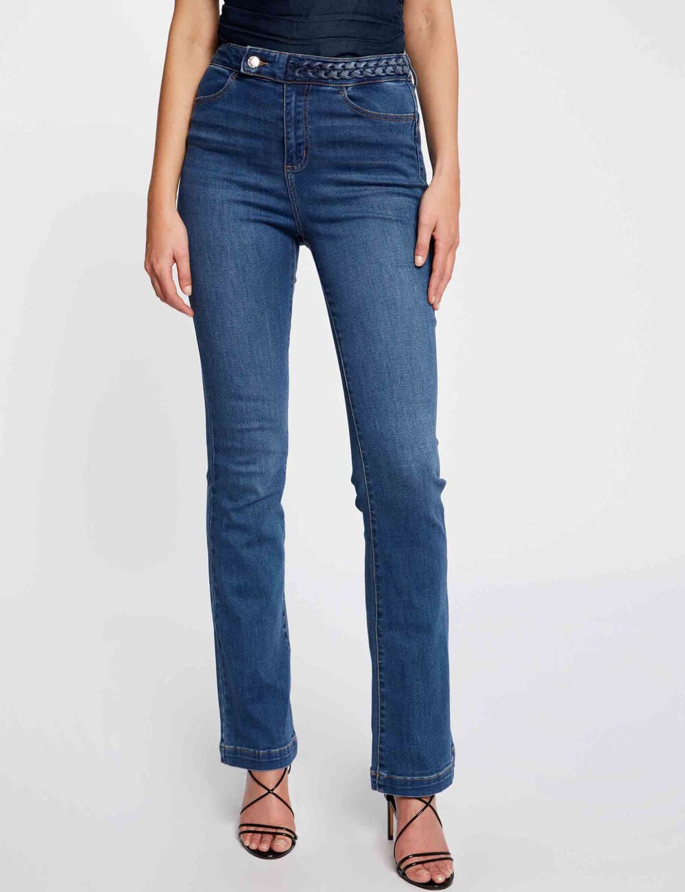 Jeans droit avec d&eacute;tails tress&eacute;s denim stone femme