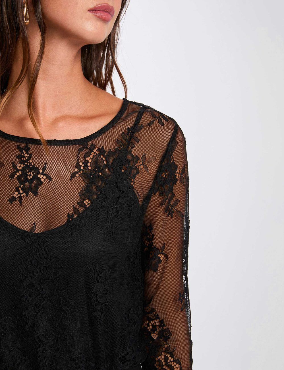 T-shirt dentelle manches longues noir femme