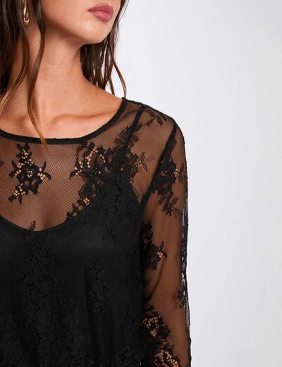 T-shirt dentelle manches longues noir femme