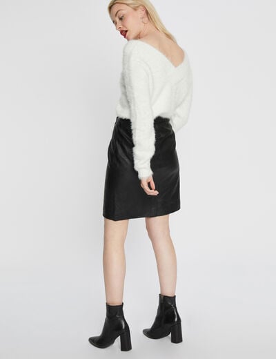 Pull duveteux col V devant et dos ivoire femme
