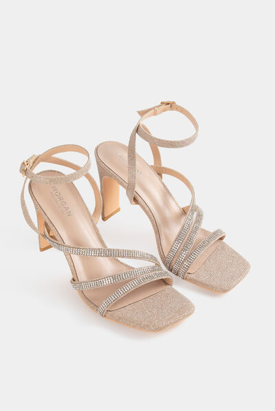 Sandales à talons avec paillettes beige femme