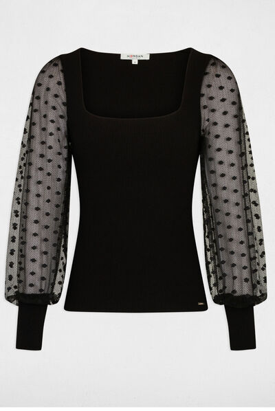 Pull manches longues à plumetis noir femme