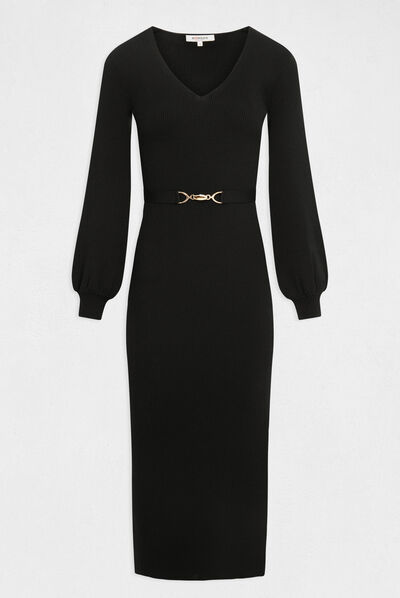 Robe pull longue ajustée à ornement noir femme