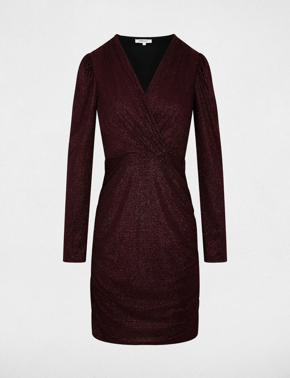 Robe courte ajust&eacute;e drap&eacute;e bordeaux femme