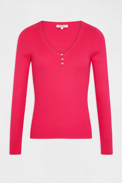 Pull manches longues col en V rose moyen femme