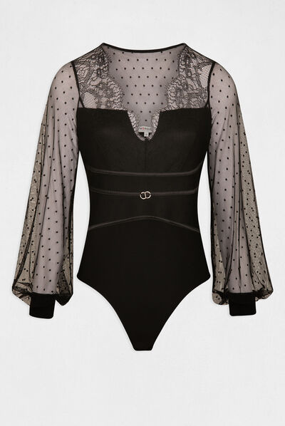Body manches longues à plumetis noir femme