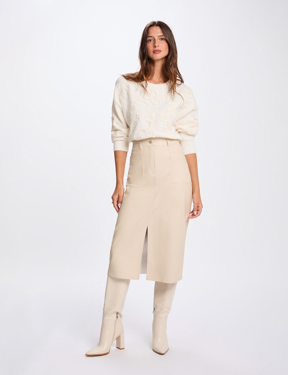Pull col rond fantaisie ivoire femme