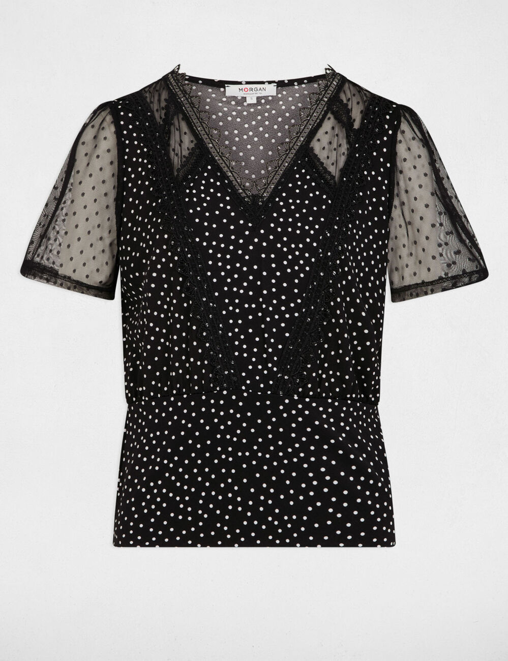 T-shirt manches courtes à pois noir femme