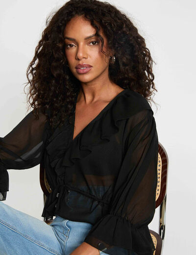 Blouse voile col v noir femme