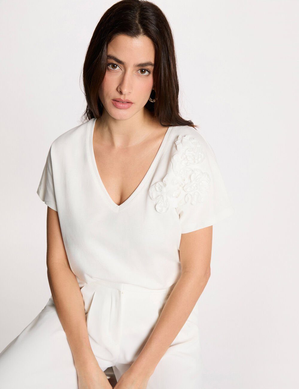 T-shirt col v manches courtes blanc femme
