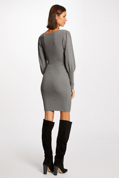 Robe pull ajustée avec col en V gris anthracite femme