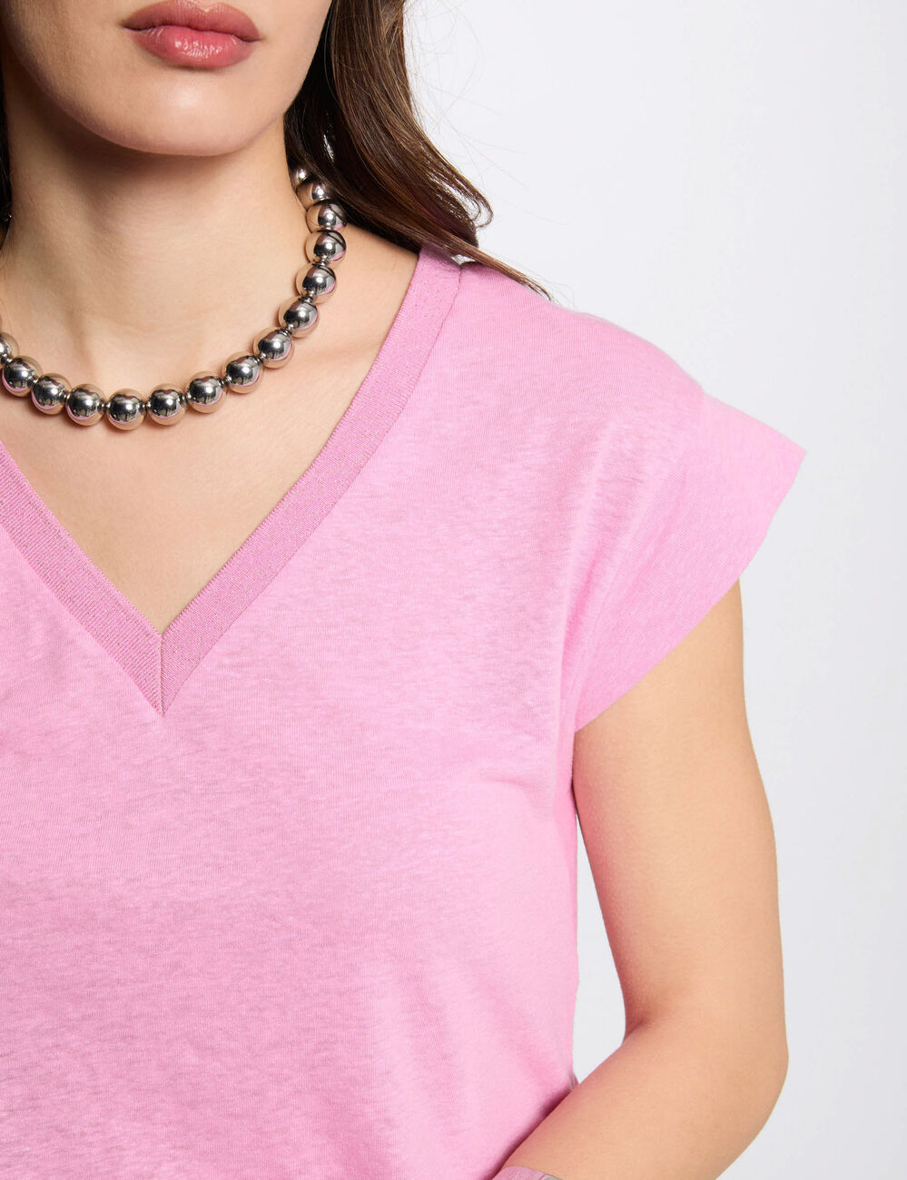 T-shirt manches courtes à col en V rose femme
