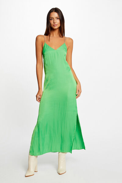 Robe longue évasée fendue satin vert clair femme