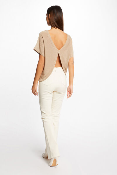 Pull manches courtes à détail bijou dore femme