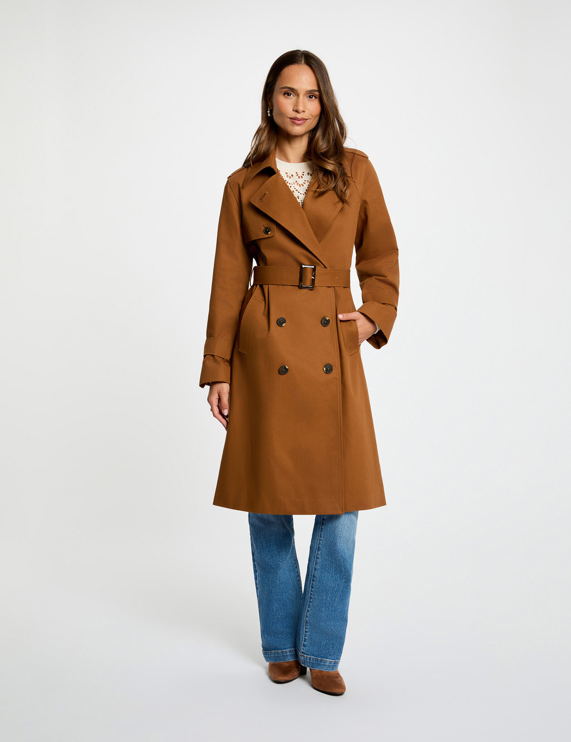 Trench long col tailleur cognac femme