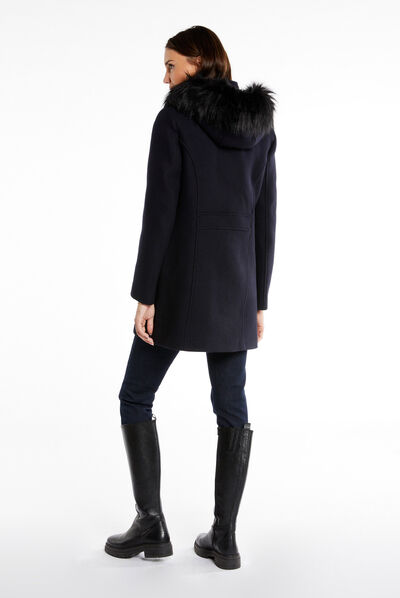 Manteau long détails simili cuir marine femme