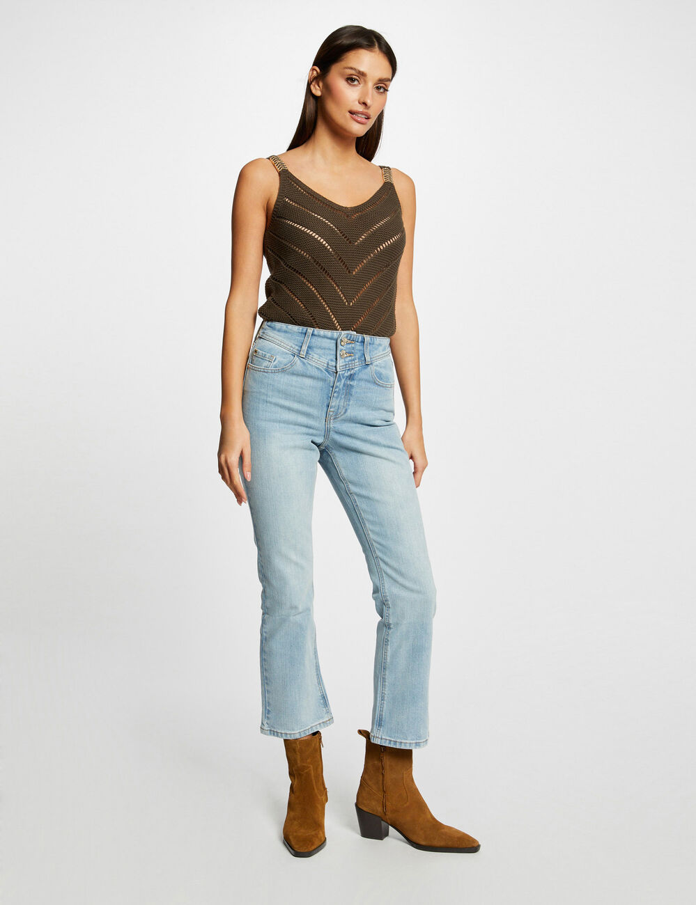 Jeans droit taille haute 7/8&egrave;me jean bleached femme