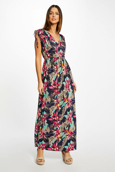 Robe longue droite imprimé floral marine femme