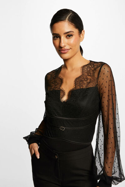 Body manches longues à plumetis noir femme