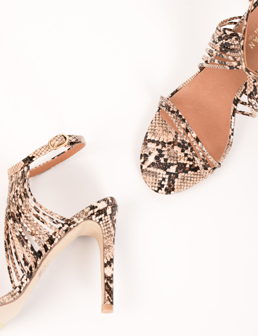 Sandales &agrave; talons imprim&eacute; python marron femme
