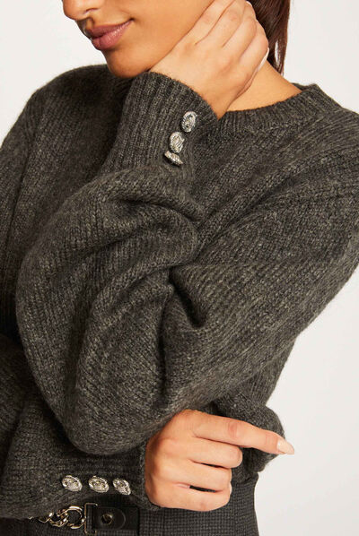 Pull manches longues à col rond gris anthracite femme