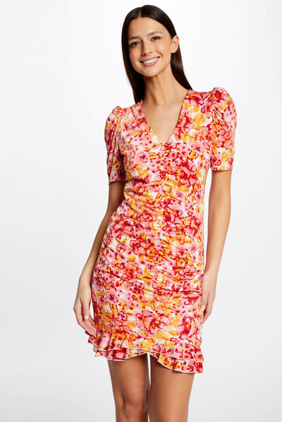 Robe ajustée froncée imprimé floral multico femme