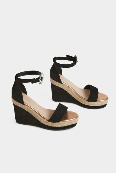 Sandales compensées à boucles strass noir femme