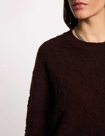 Pull col rond fantaisie marron fonc&eacute; femme