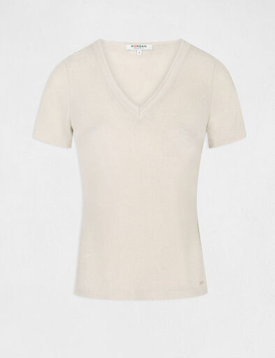 T-shirt manches courtes avec col en V ivoire femme