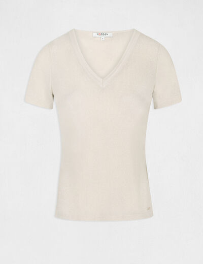 T-shirt manches courtes avec col en V ivoire femme