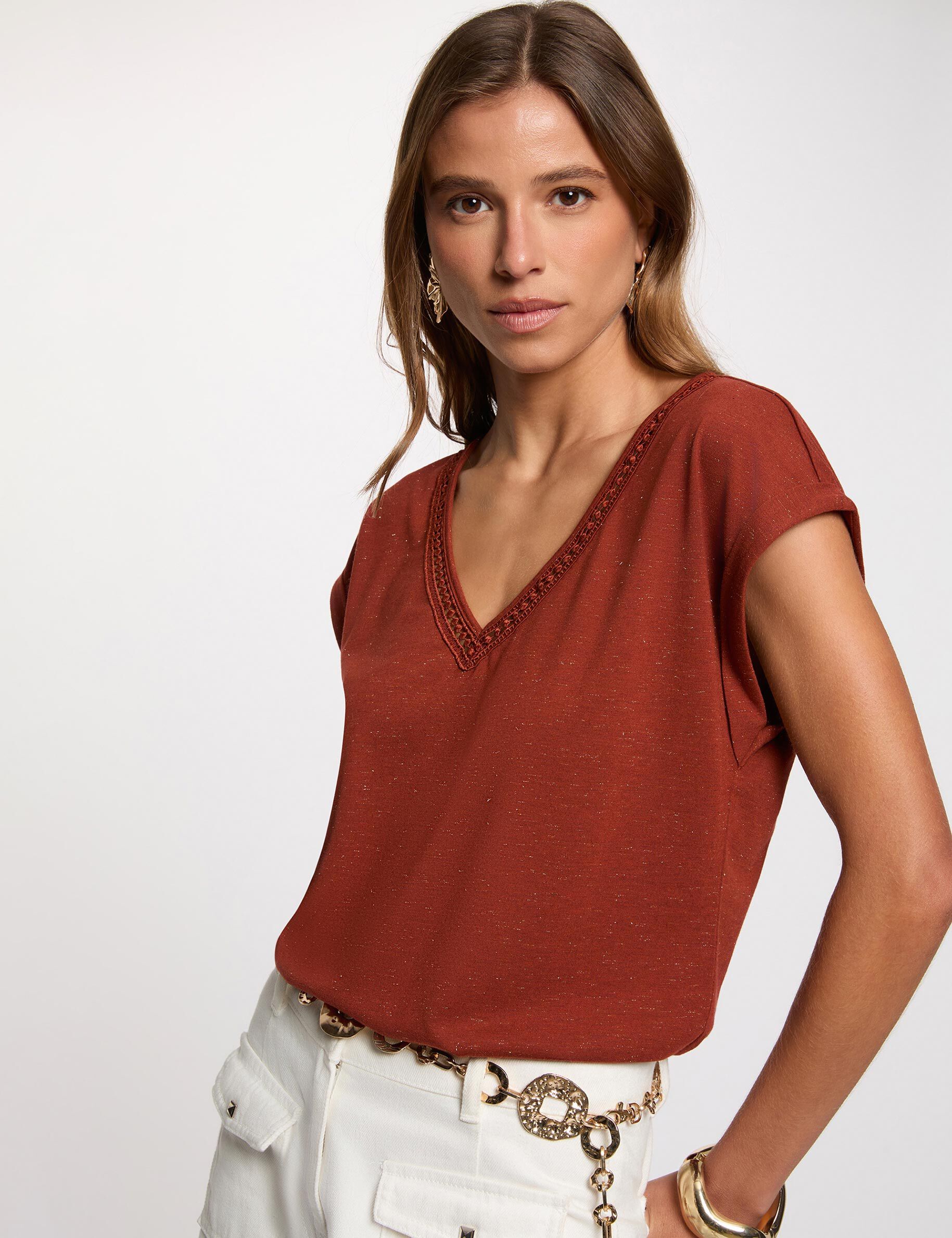 T shirt col v cognac femme