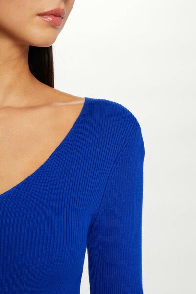 Pull manches longues col en V bleu electrique femme