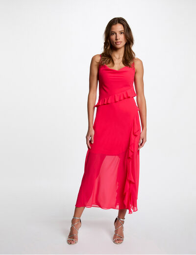 Robe midi ajustée volants rose fushia femme
