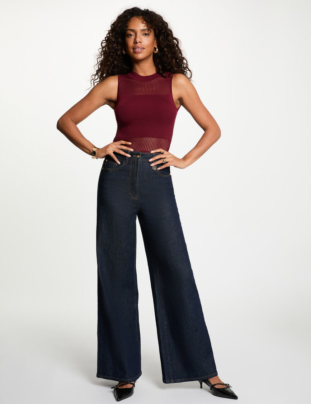 Top maille sans manches bordeaux femme