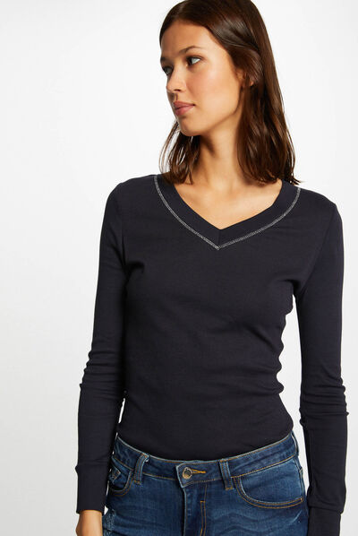 T-shirt manches longues avec col en V marine femme