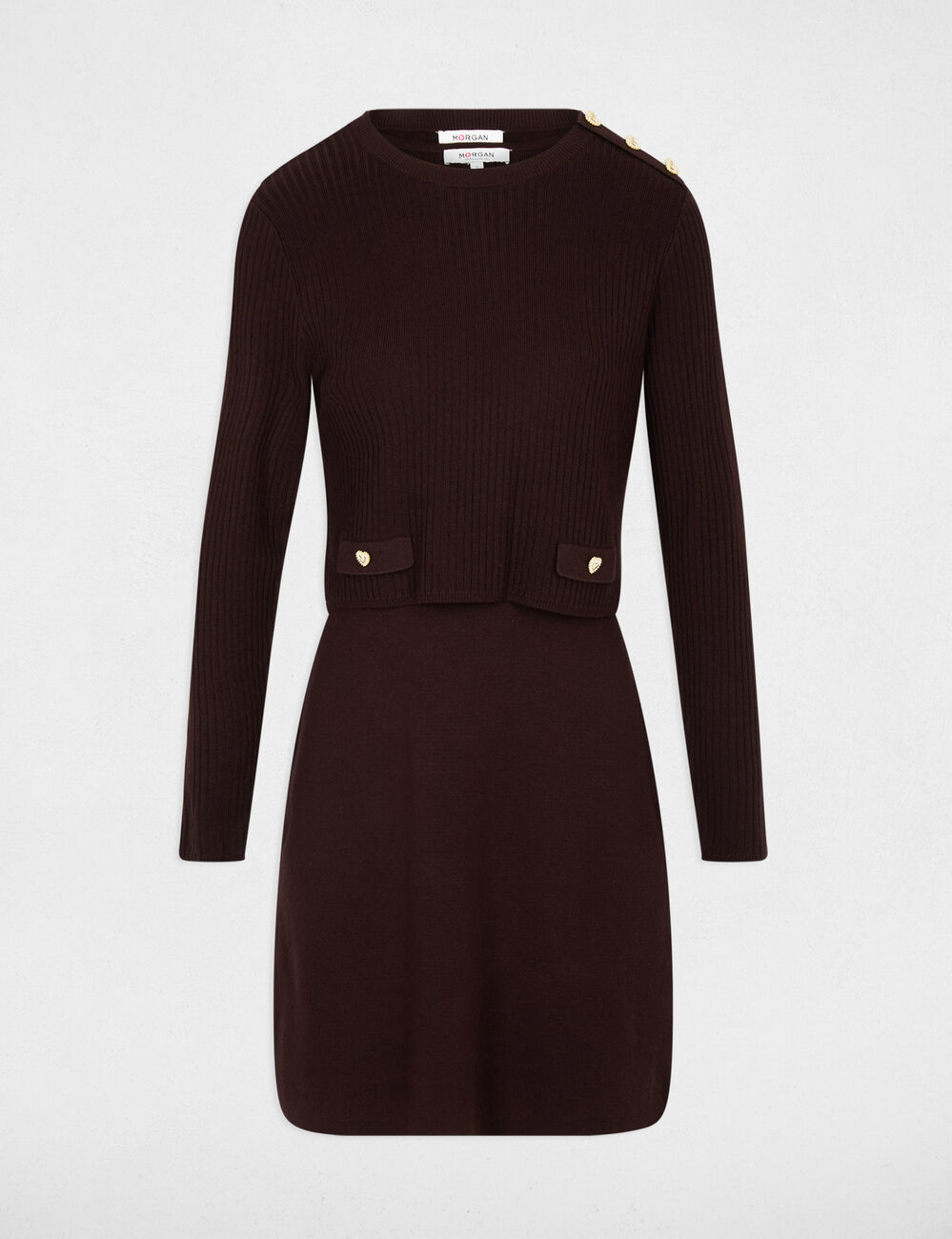 Robe tricot courte effet 2-en-1 marron fonc&eacute; femme