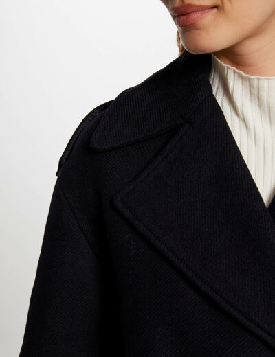 Manteau Long Noir Double Boutonnage Style Naval - Laine Mélangée Confortable