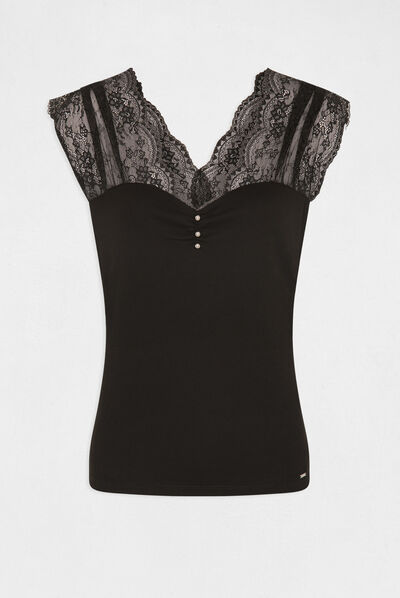 T-shirt manches courtes avec dentelle noir femme