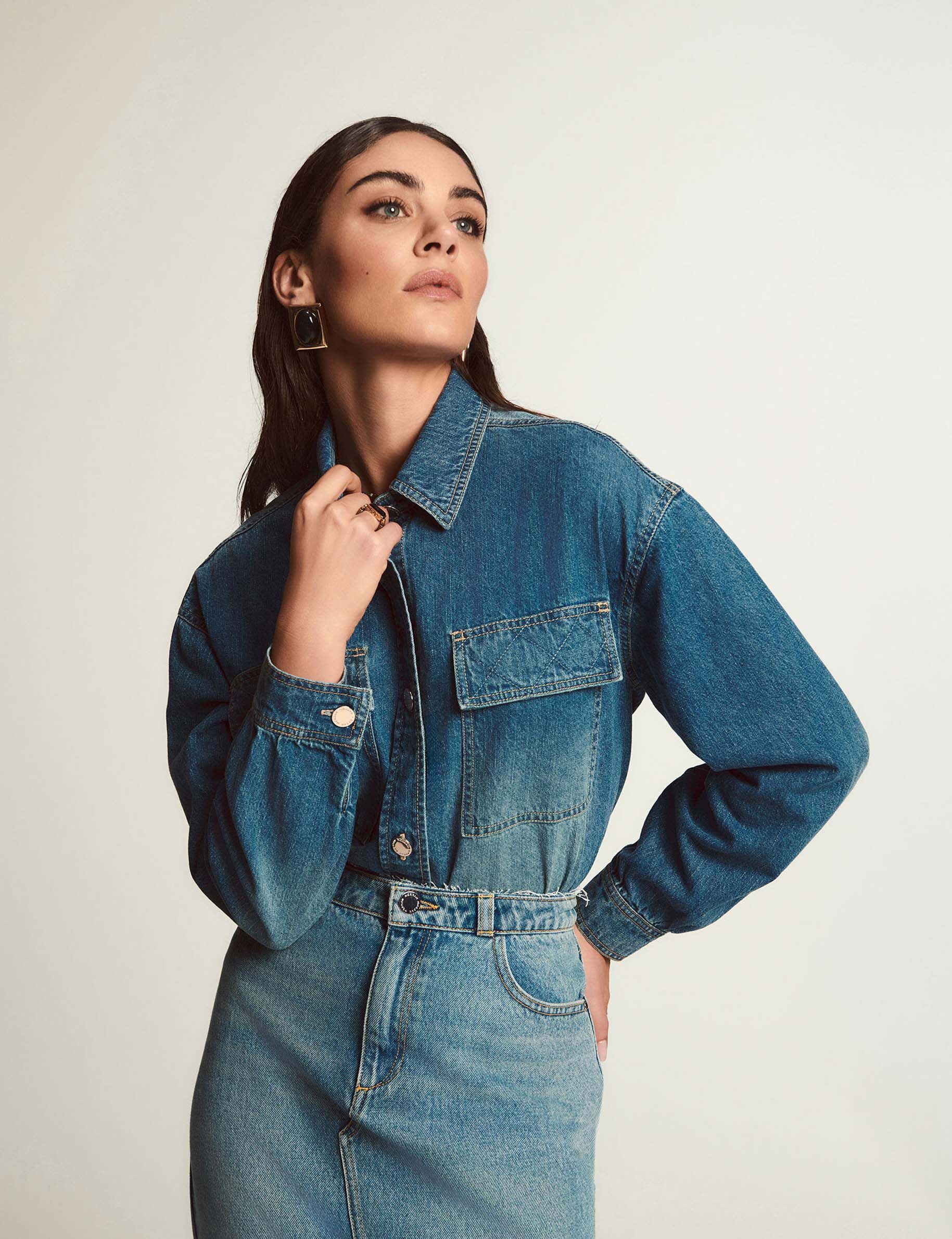 Veste droite en jean denim stone femme